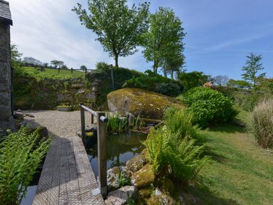 A garden area with a small bridge over a pond surrounded by greenery at Buster Barn in Sampford Spiney near Tavistock