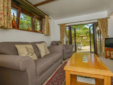 A living room with a sofa armchair wooden coffee table and television with open doors to an outdoor seating area at Buster Barn in Sampford Spiney near Tavistock