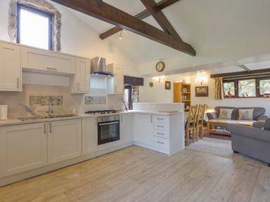 An open plan kitchen and living room with wooden beams and light cabinets at Buster Barn in Sampford Spiney near Tavistock