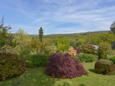 A garden with various shrubs and trees with a view of hills in the background at Buster Barn in Sampford Spiney near Tavistock