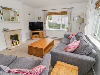 A living room with gray sofas wooden coffee table television and fireplace at The Dene in Betws-y-Coed