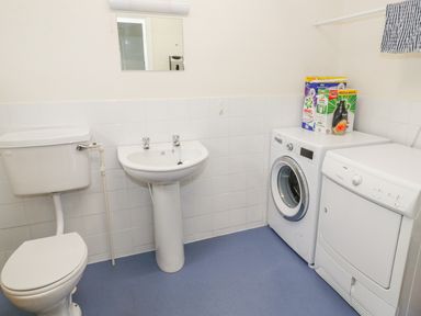 A bathroom with a toilet sink washing machine and dryer at The Dene in Betws-y-Coed