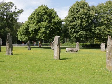 A grassy field with standing stones and large trees in the background at The Dene in Betws-y-Coed