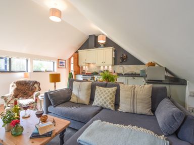 A living area with a blue sofa and pillows a wooden table with wine glasses books plants and a floral armchair at The Linhay in Lydford