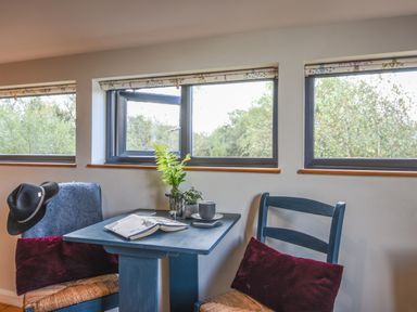 A small blue table with two chairs near windows with plants a book and a cup at The Linhay in Lydford