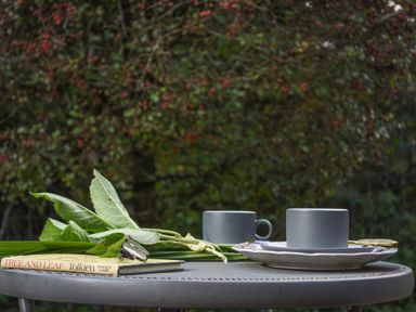 A round outdoor table with two grey cups and saucers a book a pair of glasses and green leaves on it