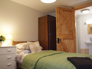 A bedroom with a single bed green blanket and checked pillows a white dresser with a lamp and plant wooden door open to a bathroom at The Stone Barn Cottage in Holne
