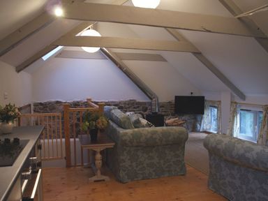 An attic living space with a floral sofa set a wood stove a television and kitchen area at The Stone Barn Cottage in Holne