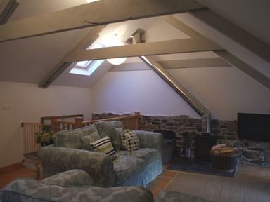 A living room with a sofa a wood burning stove and a skylight at The Stone Barn Cottage in Holne