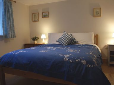 A bedroom with a bed covered with blue floral bedding and a checkered pillow at The Stone Barn Cottage in Holne