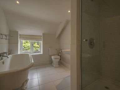 A bathroom with a bathtub toilet window and a shower at Cullaford Cottage in Scorriton near Ashburton