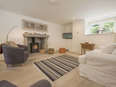 A living room with a fireplace a gray armchair a white sofa a television and a striped rug at Cullaford Cottage in Scorriton near Ashburton