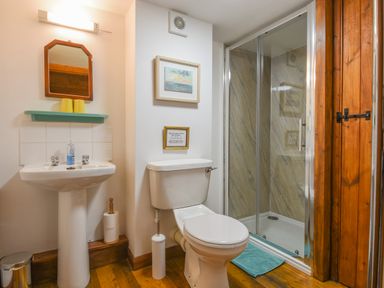 A bathroom with a sink pedestal, toilet, shower enclosure, mirror, and wooden door at Townend Barn in Lydford