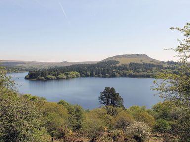 A large lake surrounded by trees and hills on a clear day at Burham Barn in Dousland near Yelverton
