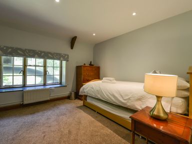 A bedroom with a single bed a wooden chest of drawers a wooden side table with a lamp and a window with patterned blinds at Bagtor Mill in Ilsington near Haytor Vale