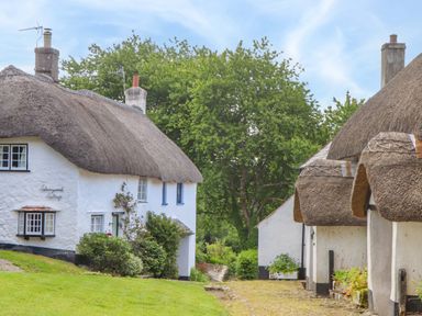 A view of thatched cottages and a green garden at Little Gate Cottage in North Bovey