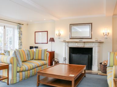 A living room with striped sofas a wooden coffee table a fireplace and a mirror at Sandridge Barton in Stoke Gabriel