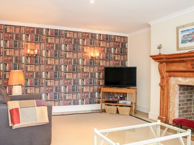A living room with a sofa and blanket a TV on a wooden stand and a fireplace at Sandridge Barton Stoke Gabriel