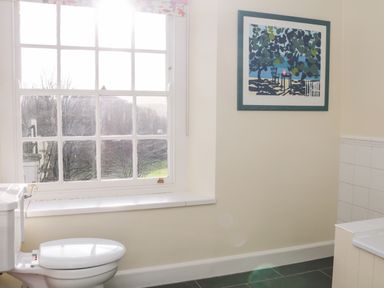 A bathroom with a toilet under a window and a framed picture on the wall at Sandridge Barton in Stoke Gabriel