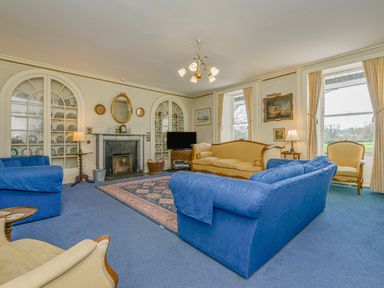 A living room with blue and beige sofas a fireplace and display cabinets at Wootton House in Butleigh Wootton near Compton Dundon