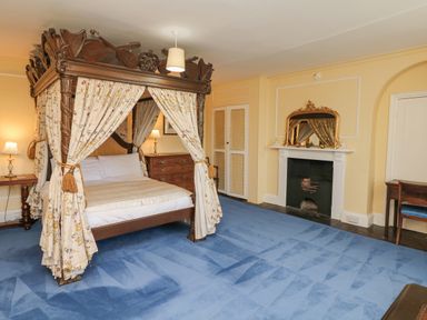 A bedroom with a four-poster bed a blue carpet and a fireplace at Wootton House in Butleigh Wootton near Compton Dundon