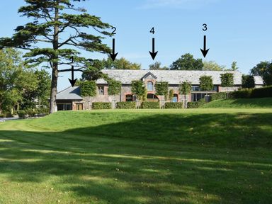 A large stone building with a slate roof behind a green lawn and trees with numbered arrows pointing at different sections of the building
