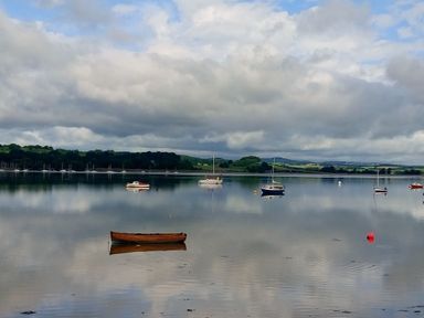 A calm body of water with several boats floating and a green tree-lined shore in the background at 1 The Quay in Lympstone