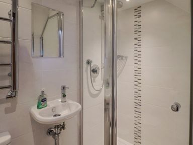 A bathroom with a shower, hand basin, and towel rail at The Old Log Shed in Honiton
