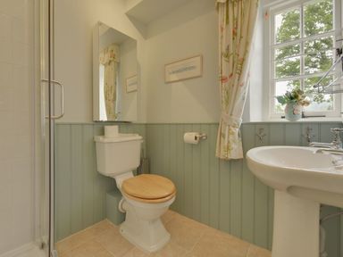 A bathroom with a toilet with wooden seat a sink a window with floral curtains and a mirror at Abbots Manor in Combe Raleigh near Honiton