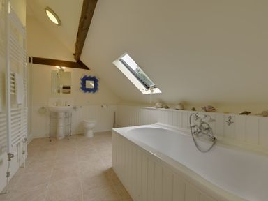 A bathroom with a bathtub toilet sink a skylight window and a towel radiator at Abbots Manor in Combe Raleigh near Honiton