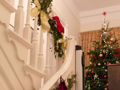 A staircase decorated with garlands and bows with a decorated Christmas tree in the background at Abbots Manor in Combe Raleigh near Honiton