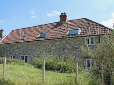 A stone house with a tiled roof and several windows surrounded by grass and bushes at Whitcombe Cottage in Honiton