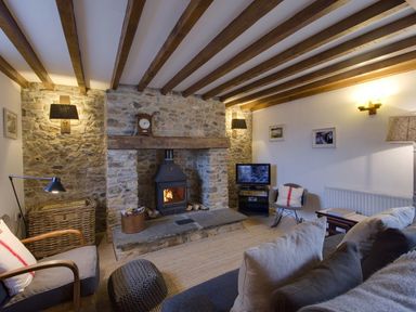 A living room with a stone fireplace wood burning stove chairs and a television at Whitcombe Cottage in Honiton