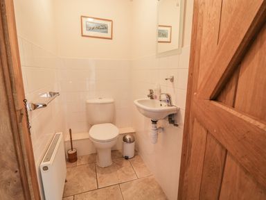 A small bathroom with a toilet sink a wooden door and a framed picture at Swallows Cottage in Honiton