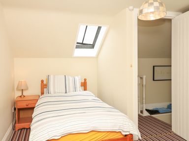 A bedroom with a single bed and striped bedding next to a wooden bedside table with a lamp at Battens in Colyton