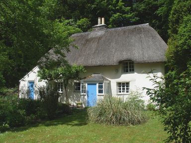 A cottage with a thatched roof blue doors and a garden with plants and trees at Lew Quarry Cottage in Lewdown