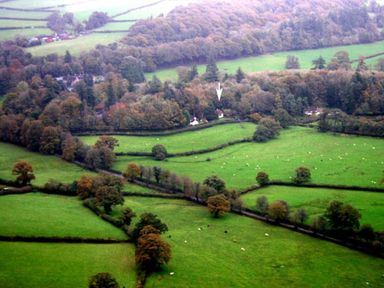 An aerial view of green fields divided by hedges and trees with a cluster of houses near woodland at Lew Quarry Cottage in Lewdown