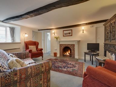 A living room with armchairs a fireplace a rug and a television at Lew Quarry Cottage Lewdown
