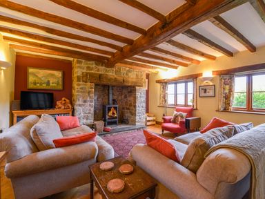 A living room with wooden beams on the ceiling a stone fireplace two sofas and armchair at Hope Cottage Riddlecombe near Winkleigh