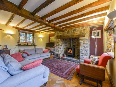 A living room with wooden beams and a stone fireplace with a wood stove at Hope Cottage in Riddlecombe near Winkleigh