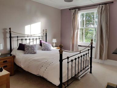 A bedroom with a black metal bed frame white bedding purple cushions wooden bedside tables and a window with curtains at Hedgelea in North Tawton