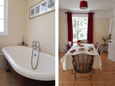 A bathroom with a freestanding bathtub and a dining room with a table set with food and six chairs at Hedgelea in North Tawton