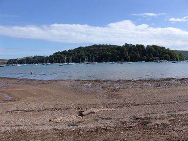 A beach with a muddy shore and boats on the water near a forested island at Linney Cottage in Dittisham