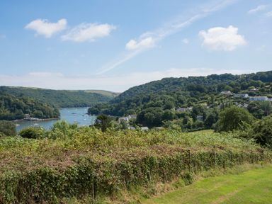 A river with boats surrounded by hills and houses with greenery in the foreground at Linney Cottage in Dittisham