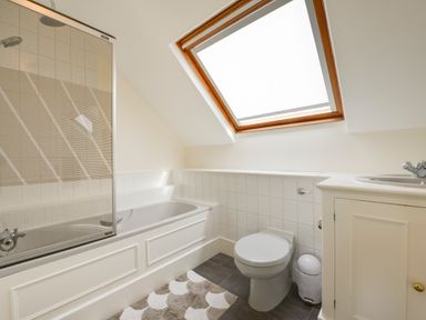 A bathroom with a bathtub shower toilet sink and a skylight window at Linney Cottage in Dittisham