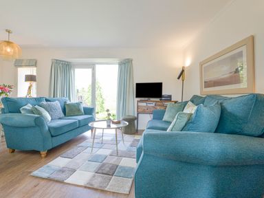 A living room with two blue sofas a patterned rug and a TV on a wooden stand at Linney Cottage in Dittisham