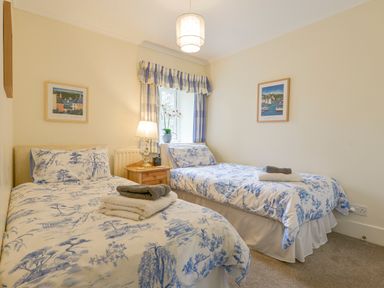 A bedroom with two single beds with blue and white bedding and a wooden nightstand with a lamp and plant at Linney Cottage in Dittisham