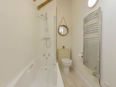 A bathroom with a bathtub shower toilet mirror and heated towel rail at Bramble Cottage Ringmore