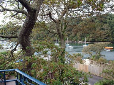 A view of boats on a river behind trees and a wooden fence at Galanda Treetops in Newton Ferrers