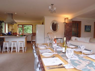A dining table set with plates and wine glasses next to a kitchen with stools and a living area at Galanda Treetops in Newton Ferrers